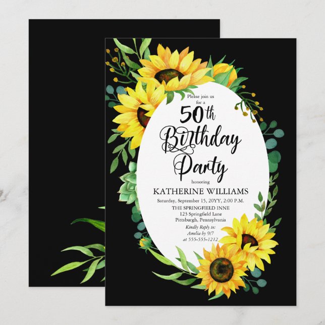 50th Birthday Party Sunflower | Eucalyptus Floral Invitation (Front/Back)