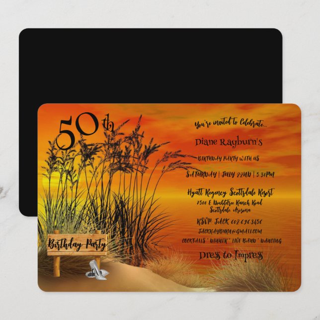50th Birthday Party Sunset Beach Grasses Stilettos Invitation (Front/Back)