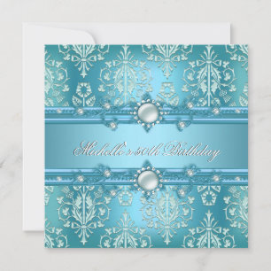 50th Birthday Party Teal Blue Pearl Damask Floral Invitation