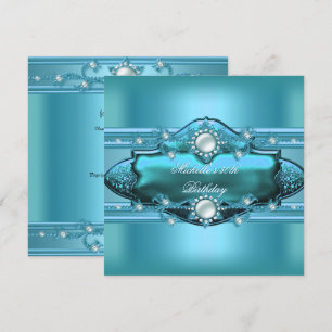 50th Birthday Party Teal Blue Pearl Jewel Invitation