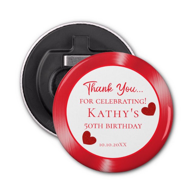 50th Birthday Party Thank You Red Hearts Bottle Opener (Front)