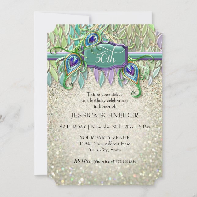50th Birthday Party Ticket Peacock Feather Invitation (Front)