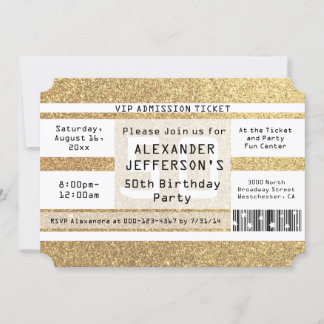 50th Birthday Party Ticket Shaped Gold Sparkle Invitation
