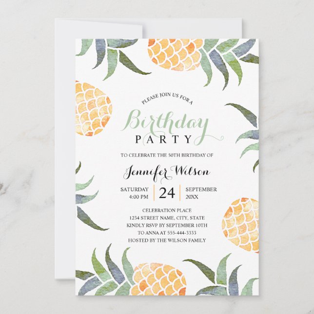 50th Birthday Party Tropical Watercolor Pineapple Invitation (Front)