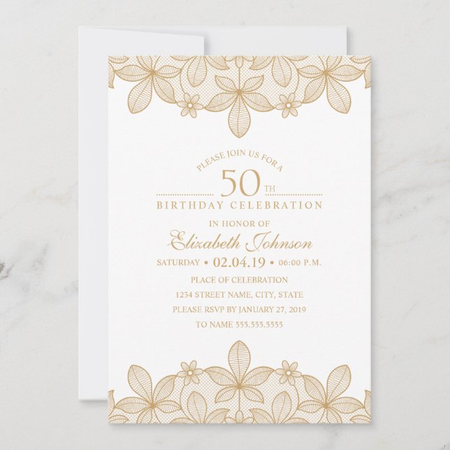 50th Birthday Party Unique Golden Lace Invitation (Front)