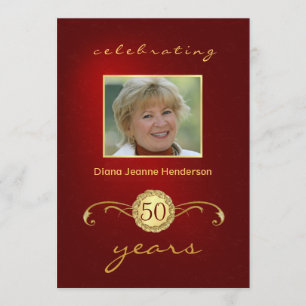 50th Birthday Party - Vintage Monogram Red & Gold Invitation