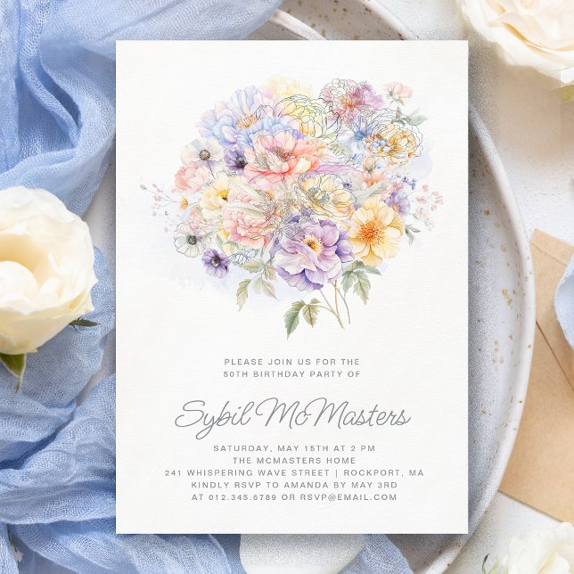 50th Birthday Party Watercolor Floral Bouquet Invitation (Creator Uploaded)