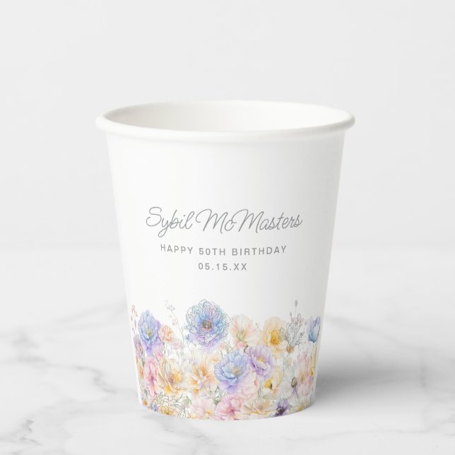 50th Birthday Party Watercolor Floral Custom Paper Cups (Front)