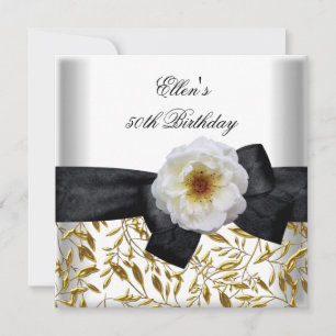 50th Birthday Party White Gold Flower Black Bow Invitation