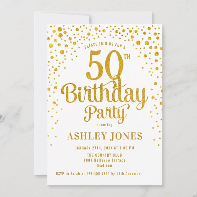 50th Birthday Party - White & Gold Invitation (Front)