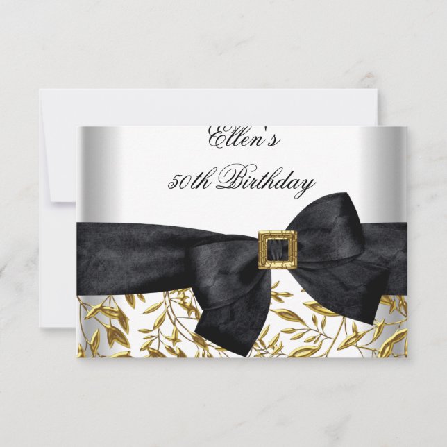 50th Birthday Party White Gold Jewel Black Bow RSVP Card (Front)