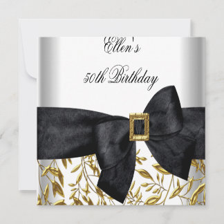 50th Birthday Party White Gold Jewel Black Bow RSVP Card