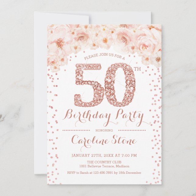 50th Birthday Party - White Rose Gold Invitation (Front)