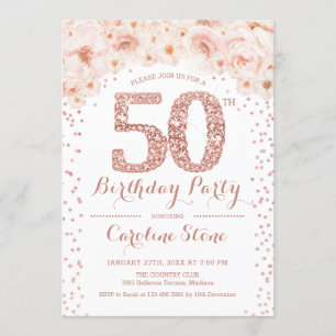 50th Birthday Party - White Rose Gold Invitation