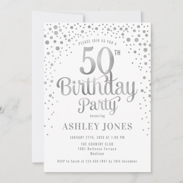 50th Birthday Party - White & Silver Invitation (Front)