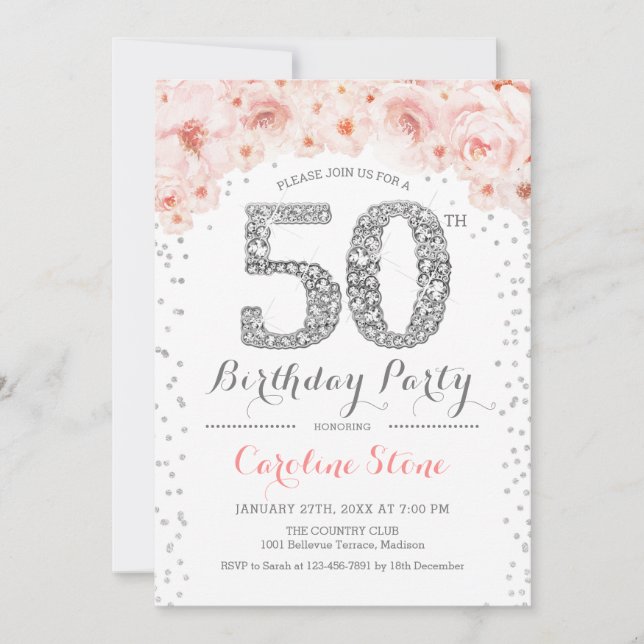 50th Birthday Party - White Silver Pink Invitation (Front)