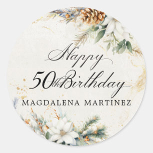50th Birthday Party White Winter Floral Custom Classic Round Sticker