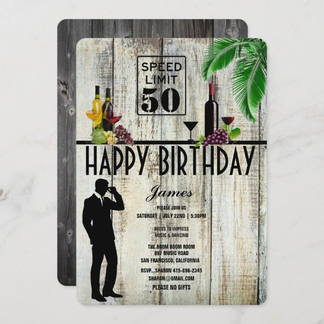 50th Birthday Party, Wine, Cocktails, Palms Invitation (Front/Back)