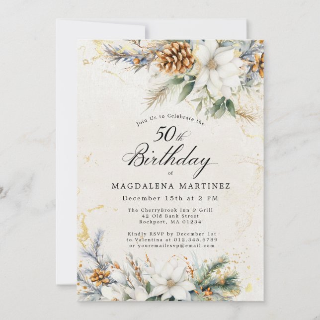 50th Birthday Party Winter White Floral Greenery Invitation (Front)