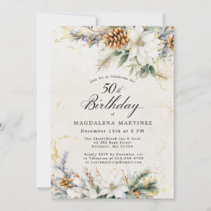 50th Birthday Party Winter White Floral Greenery Invitation