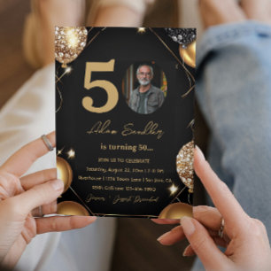 50th birthday party with balloons and glitter invitation