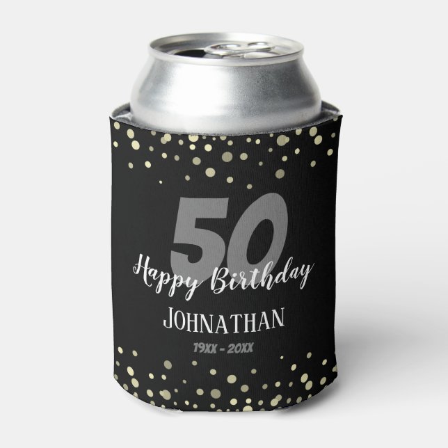50th Birthday Party with Confetti Black Can Cooler (Can Front)