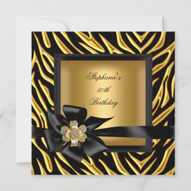 50th Birthday Party Zebra Gold Black Bow Invitation (Front)