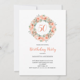 50th Birthday Peach Floral Watercolor  Invitation