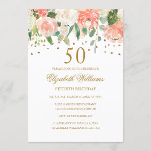 50th Birthday Peach Gold Floral Invitation