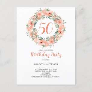 50th Birthday Peach Watercolor Floral  Invitation Postcard