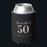50th Birthday Personalised Black Pink Can Cooler<br><div class="desc">Modern, 50 and fabulous typography design, in pink and black. Perfect for an elegant and chic 50th birthday gift, party accessory or party favour. To personalise, simply add your name in the personalise this box. Check out the design editing tool, to change the colour or font. If you need help...</div>