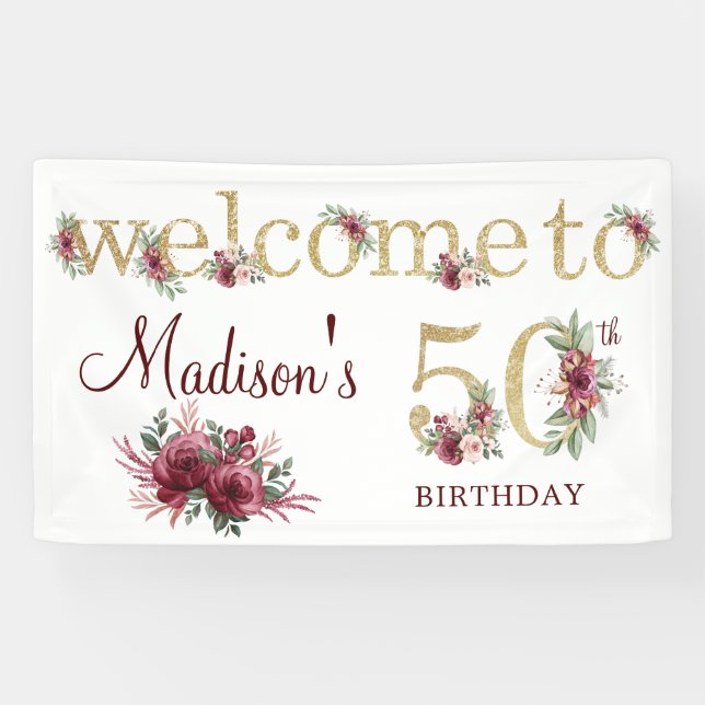 50th Birthday Personalised Burgundy Gold Banner (Horizontal)