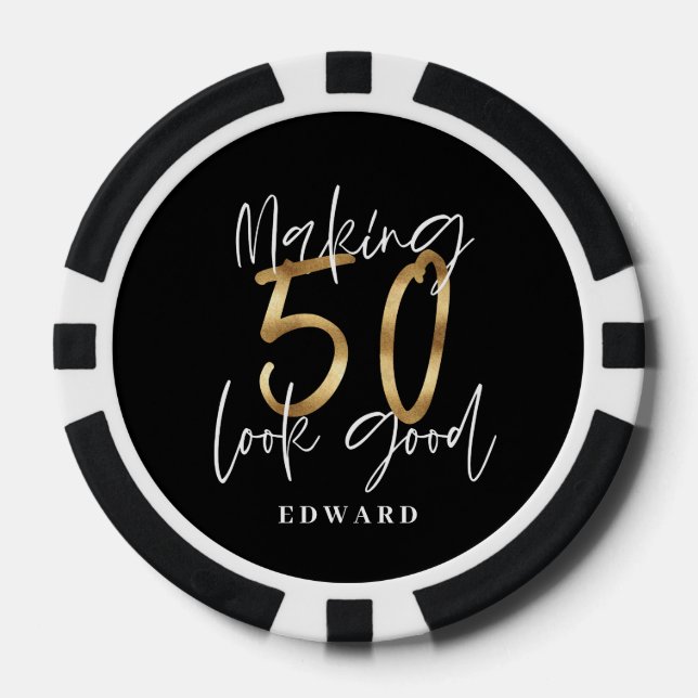 50th birthday personalised favour gift black gold poker chips (Front)
