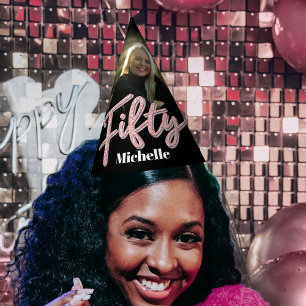 50th birthday personalised photo glitter pink name party hat