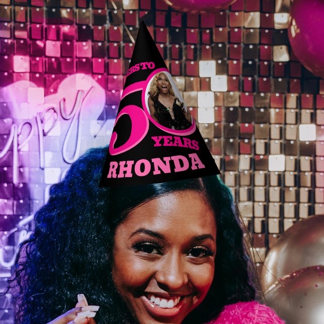 50th birthday personalised photo pink black party hat (Creator Uploaded)