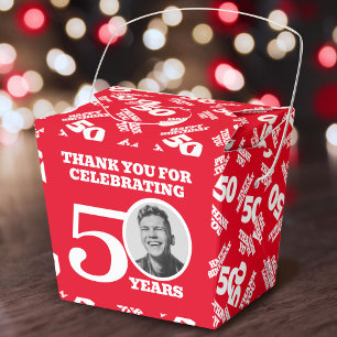 50th birthday personalised photo red white favour box