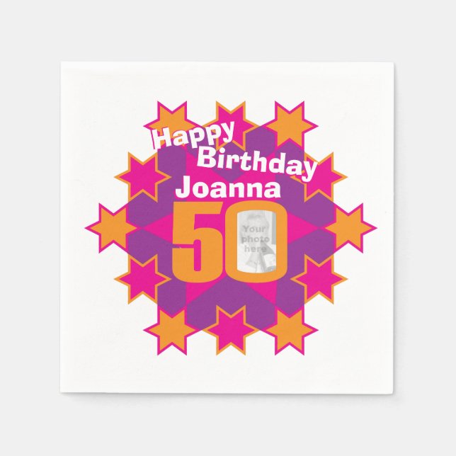 50th birthday photo and name pink star napkins (Front)
