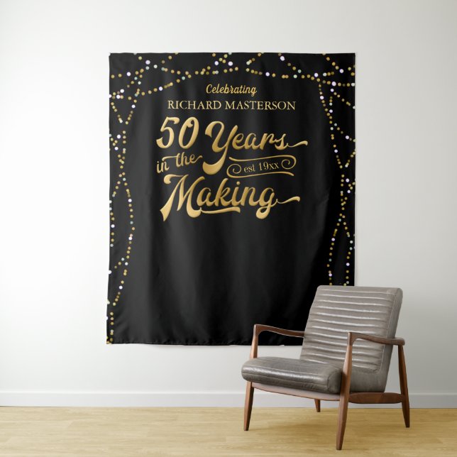 50th Birthday Photo Backdrop Black and Gold Tapestry (In Situ)