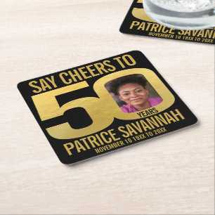 50th birthday photo cheers black and gold napkins square paper coaster