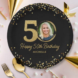 50th Birthday Photo Chic Black Gold Glitter Custom Paper Plate
