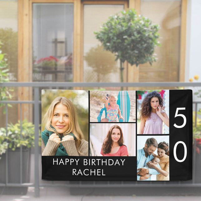 50th Birthday Photo Collage 5 Picture Black White Banner (Creator Uploaded)