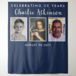 50th birthday photo collage backdrop banner tapestry<br><div class="desc">'Through the Years' 50th birthday photo collage backdrop banner showing the birthday boy/girl at different stages of their life. Use as a backdrop for a dessert table, candy bar, or buffet table as part of your room decorations then it can double as a photo booth backdrop later in the evening....</div>