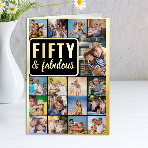 50th Birthday Photo Collage Black and Gold Foil Greeting Card