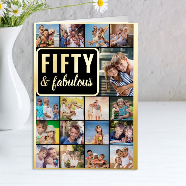 50th Birthday Photo Collage Black and Gold Foil Greeting Card (Creator Uploaded)
