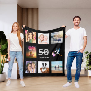 50th birthday photo collage black fleece blanket