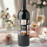 50th birthday photo collage black wine label<br><div class="desc">A wine bottle label for a 50th birthday party for a guy,  celebrating his life with a collage of 8 of your own photos.  Templates for a name,  age 50 and a date.  Date of birth or the date of the party.  White coloured letters.  Black background.</div>