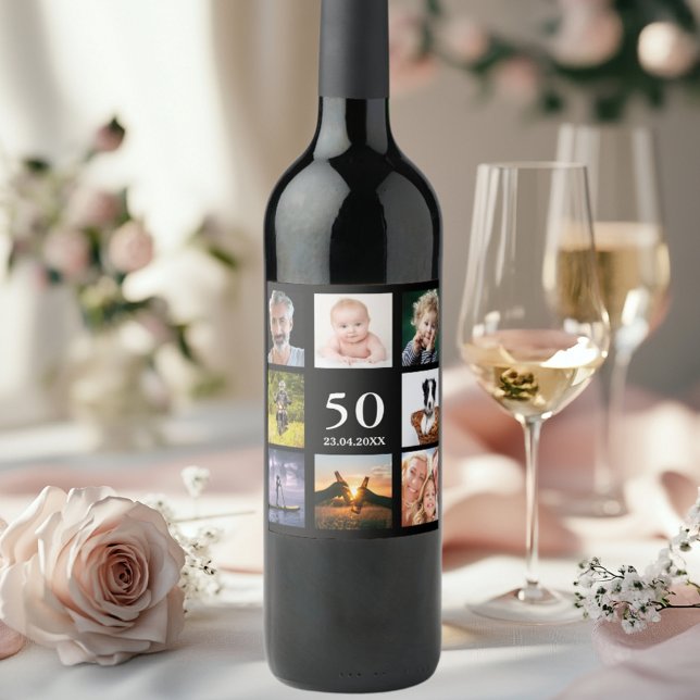 50th birthday photo collage black wine label (Creator Uploaded)