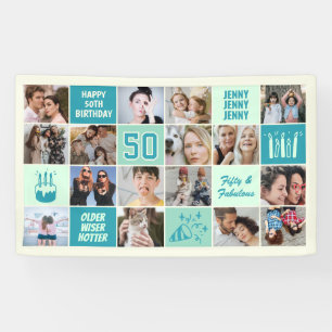 50th Birthday Photo Collage Custom Mint Green Teal Banner