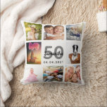 50th birthday photo collage woman white cushion<br><div class="desc">A unique gift for a womans 50th birthday, celebrating her life with a collage of 8 of your own photos, pictures. Personalise and add her name, age 50 and a date. A chic white background. Grey and black letters and numbers. The name is written with a modern hand lettered style...</div>