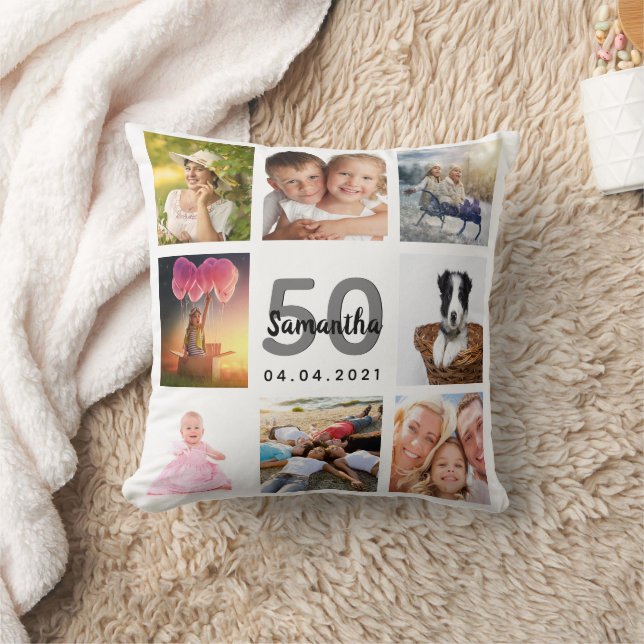 50th birthday photo collage woman white cushion (Blanket)